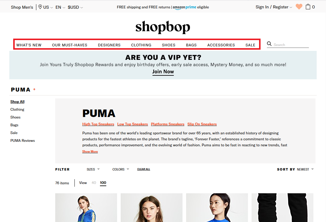 Top site navigation at Shopbop.com